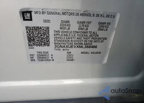 2021 Chevrolet Equinox Lt z USA, uszkodzony, nr VIN 3GNAXUEVXML368486